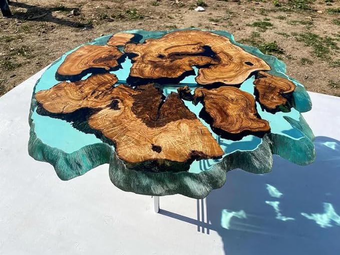 Custom Large Resin Epoxy Round Table Teal Clear Green Look Resin Coffee Table Living Room Table Luxury Decor Table Patio Table Wooden Resin Table
