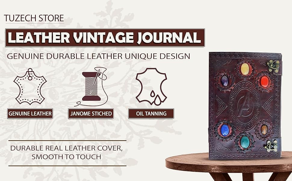 TUZECH Handmade Avengers Vintage Leather Journal With Stones Book Of Shadows/Art Sketchbook/Seven Chakra / & Travel lock Key Diary Large For Women & Men Gift 10 Inches