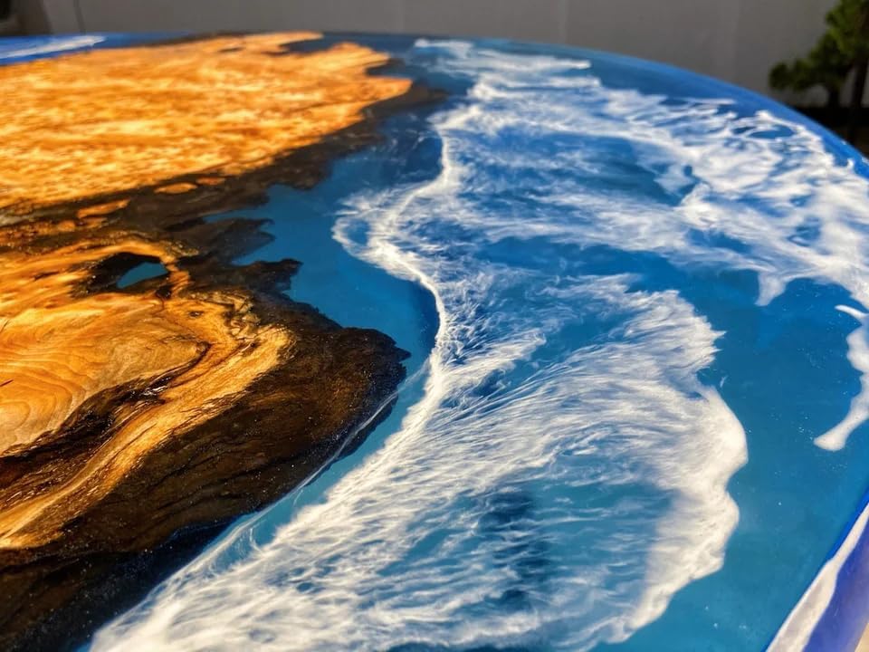 TUZECH Clear Blue Ocean Resin Look, Coffee Table, Kitchen and Dining Table, Acacia Wood Table, Round Table Top, Flexible Table, Ocean Table, End Table
