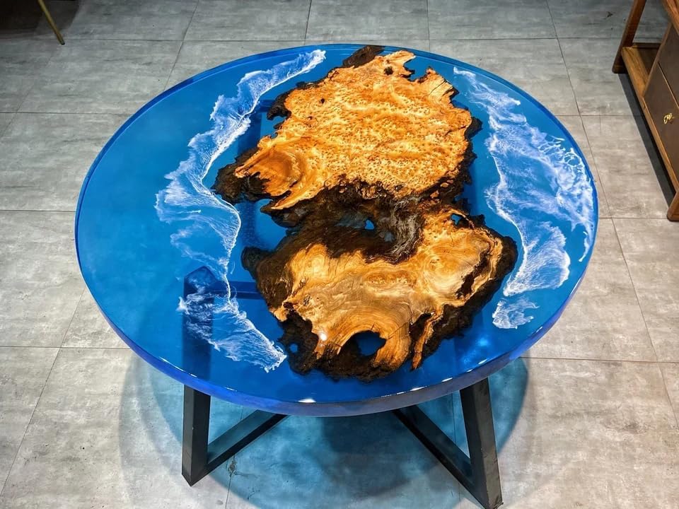 TUZECH Clear Blue Ocean Resin Look, Coffee Table, Kitchen and Dining Table, Acacia Wood Table, Round Table Top, Flexible Table, Ocean Table, End Table