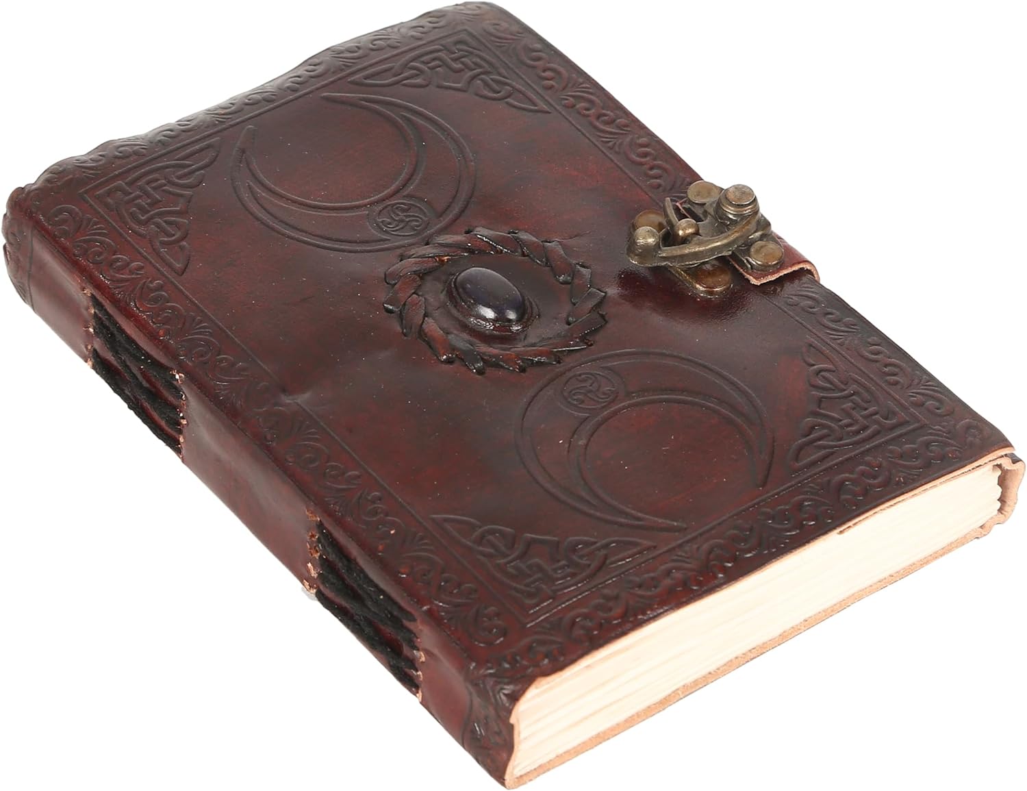 TUZECH Handmade Personalized Crescent Office Home Daily Use, Hocus Pocus Poem Writing Beautiful Pure Leather Stone Leather Bound Journal Moon with Brown Stone, C-Lock for Men and Women