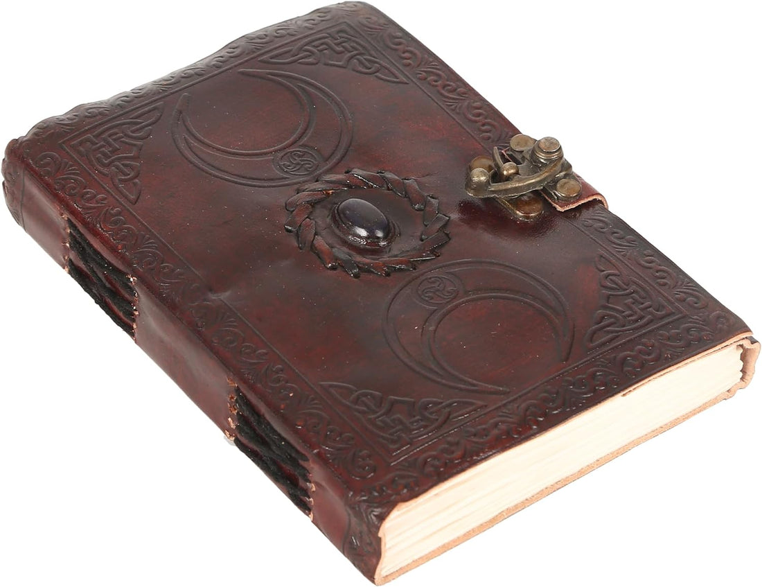 TUZECH Handmade Personalized Crescent Office Home Daily Use, Hocus Pocus Poem Writing Beautiful Pure Leather Stone Leather Bound Journal Moon with Brown Stone, C-Lock for Men and Women