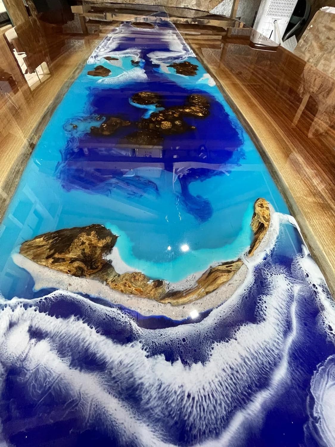 Mesmerizing Blue Ocean Wave Look Epoxy Resin Dining Table Conference Table Patio Table Kitchen Table Console Table Bar Counter Table Coffee Table Living Room Table