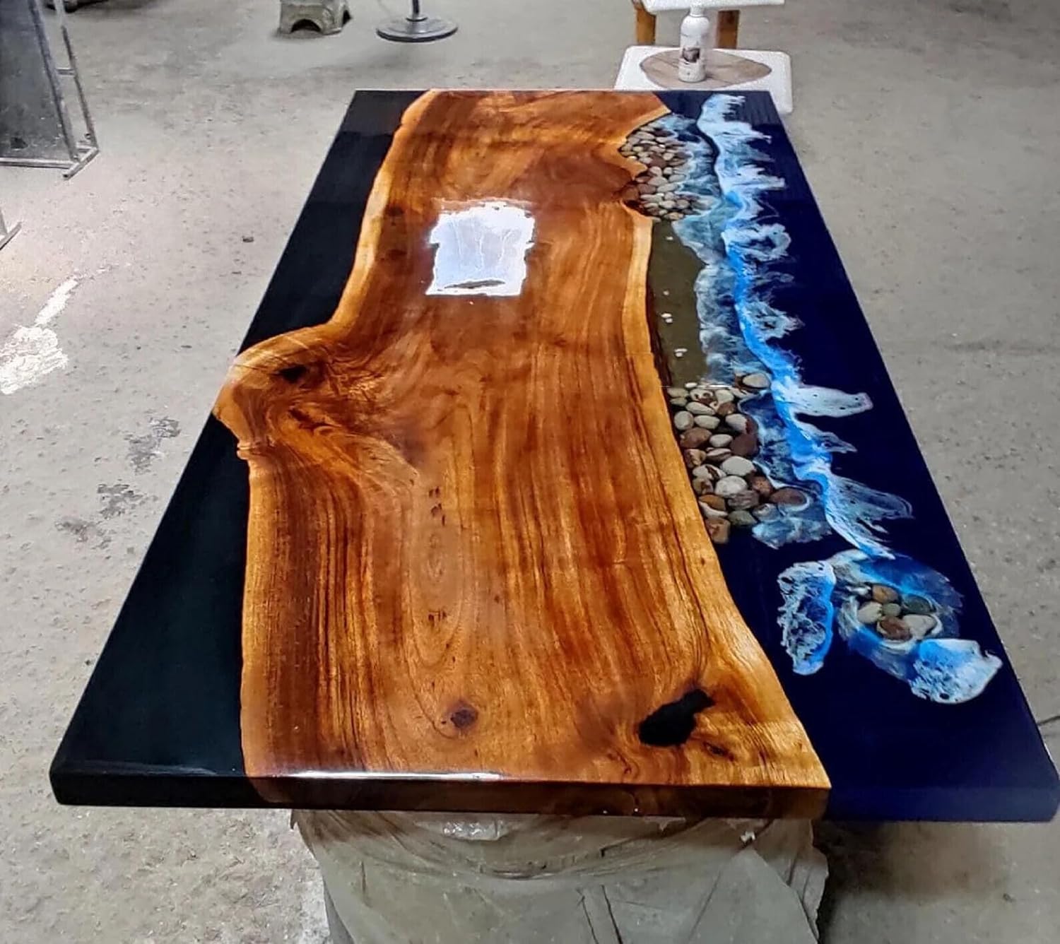 Customized Large Epoxy Table, Clear Resin Dining Table for 2, 4, 6, 8 Claasic Wave with Stone Table, Epoxy Coffee Table, Living Room Table, Home décor