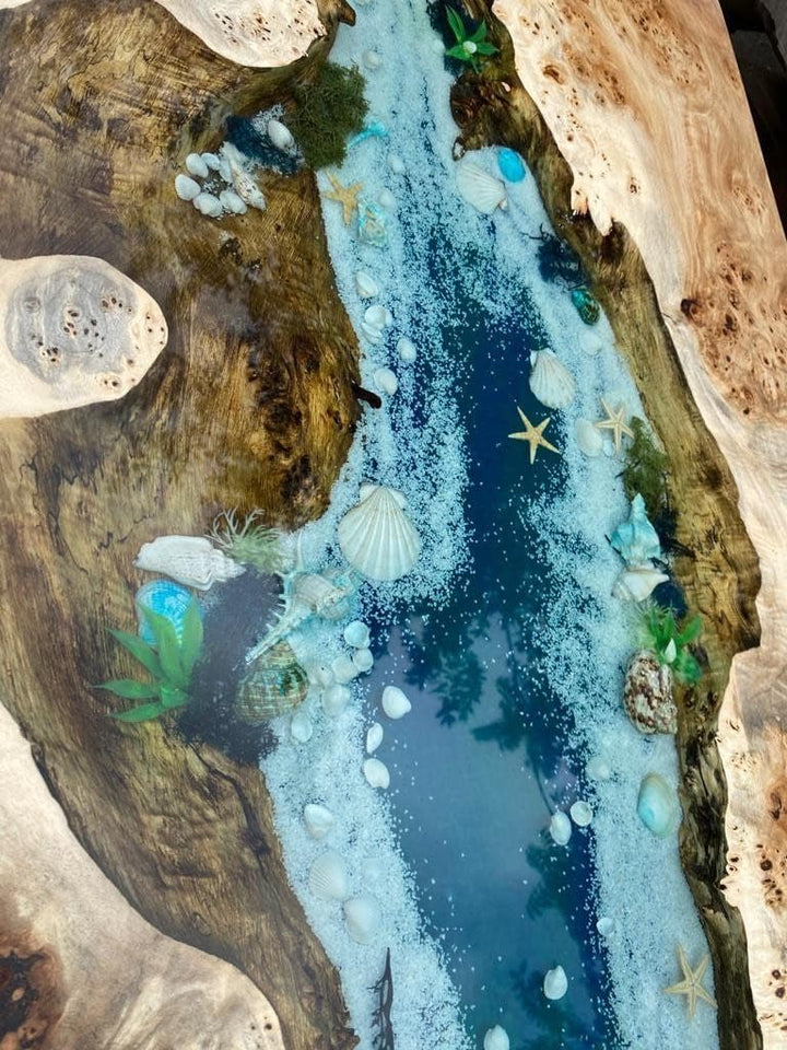 TUZECH Custom River Epoxy with Shells and Stone Look Dinning Table Coffee Table Side/End Table Coastal Table Top Living Room Table Bar Counter Home Décor