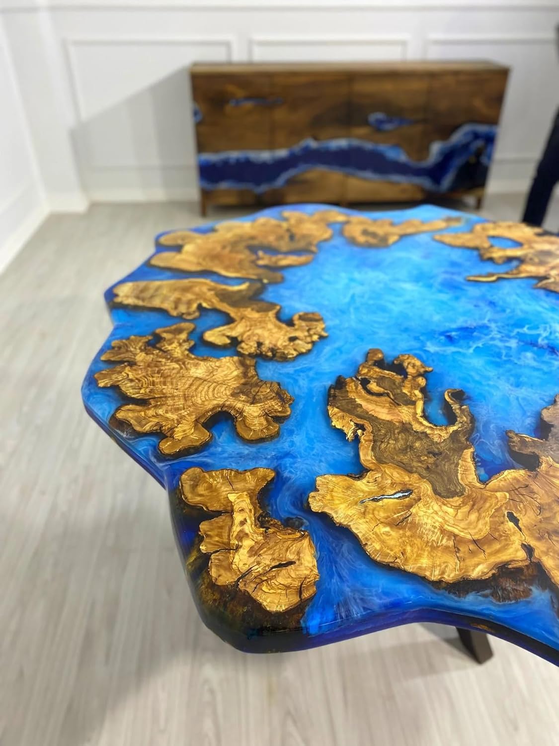 TUZECH Customized Resin Epoxy Round Table Top, Unique Blue Ocean Look, Coffee Table Design, Resin Table, Luxury Decor Table, Walnut Table, Wooden Resin Table,