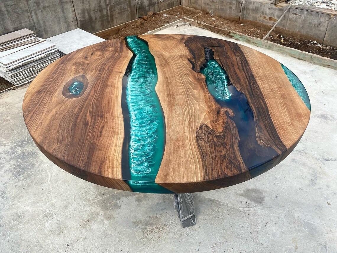 TUZECH Large Indoor Green White Ocean Sea Round Epoxy Resin Dining Table Coffee Table Sea Table Console Table Bar Counter Table Side &End Table Home Décor