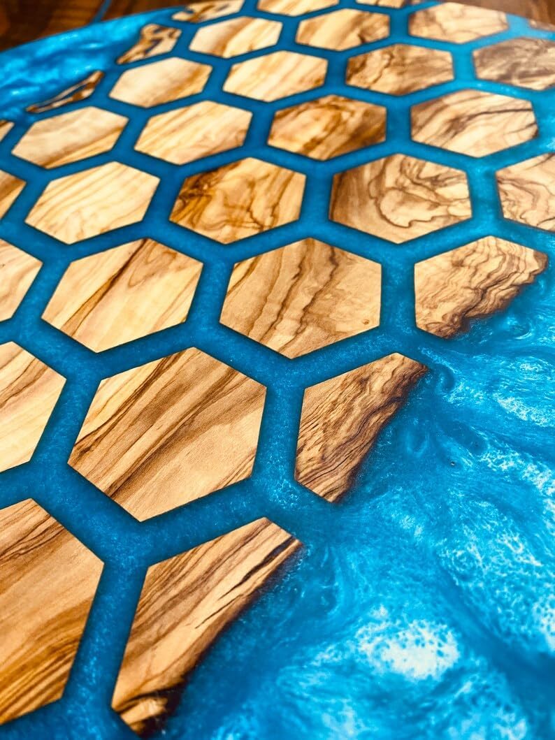 Unique Indoor Hexagon Blocks Round Table Resin Coffee Table River Living Room Table for 2, 4, 6, 8 Table Top Counter Top Side/End Table Home Décor Walnut Table
