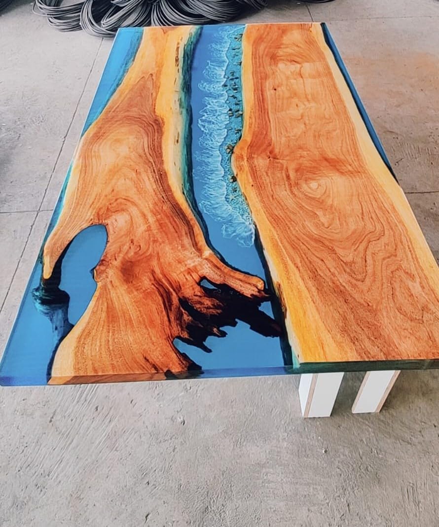 Clear Blue River with Stones Look Epoxy Resin Dining Table Coffee Table End Table Wooden Table Living Room Table Bar Counter Home Décor Side Table Top