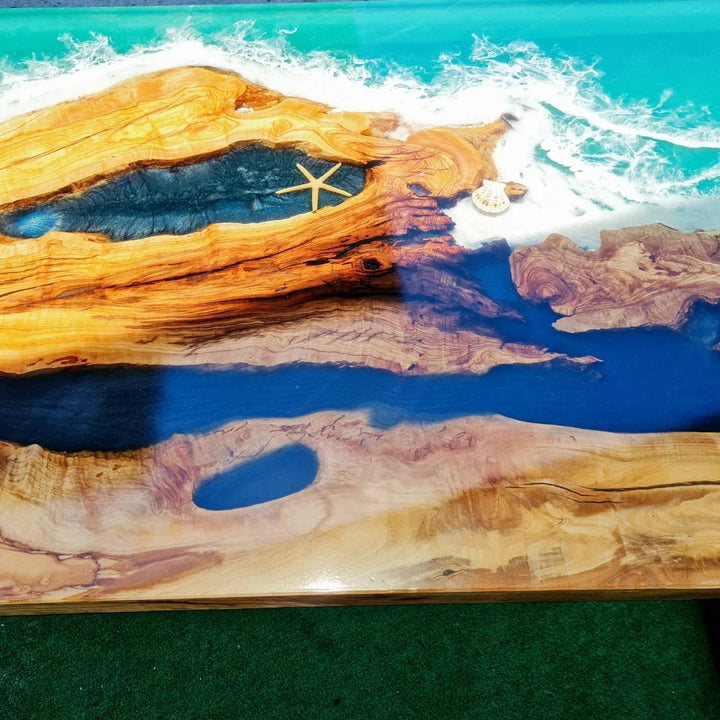 TUZECH Exquisite Ocean Green Wave Epoxy Resin with Shell and Star Dining Table Coffee Table Kitchen Table Console Table Centre Table Patio Table End/Side Table Home Decor