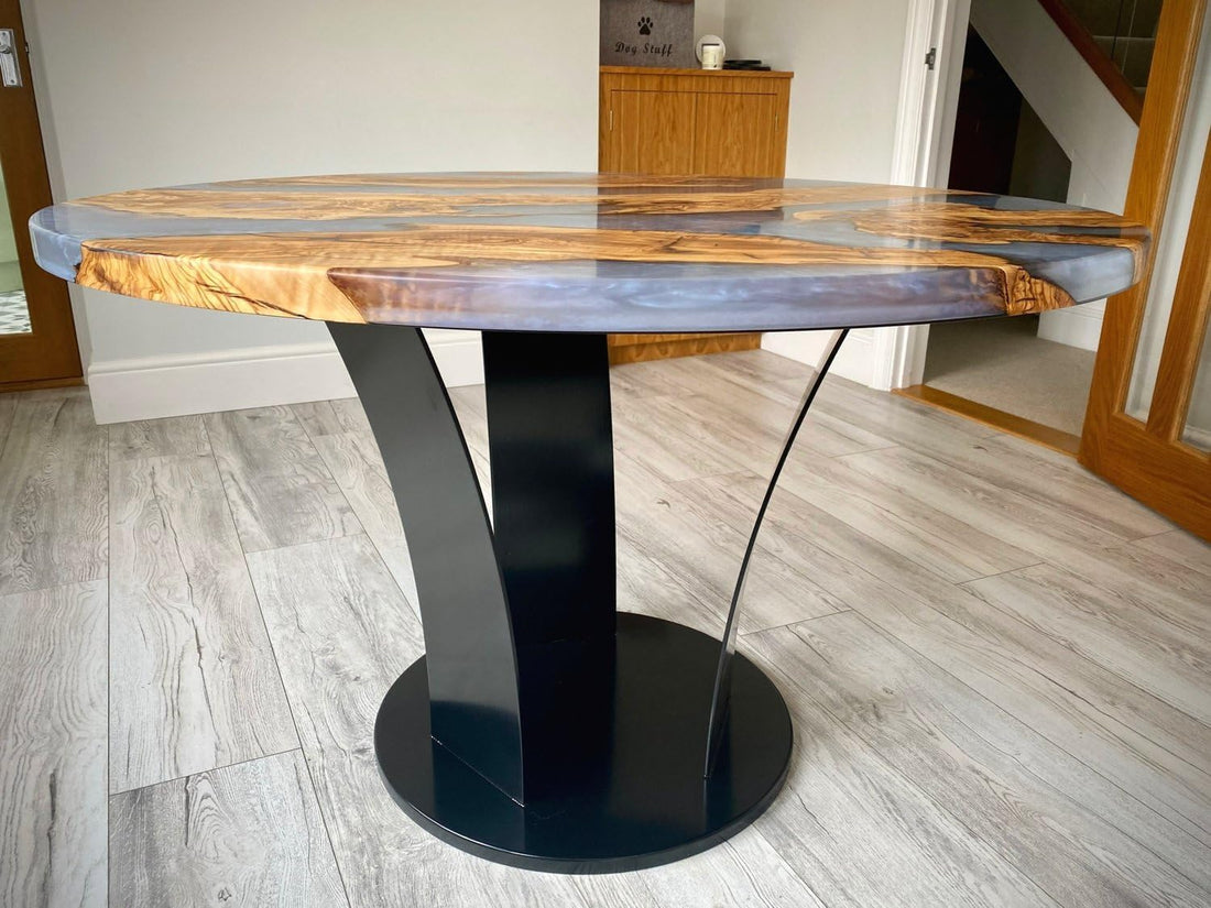 Unique Gray Resin Round Table Top, Multi Gray River Look, Coffee Table, Resin Table, Luxury Table, Walnut Table, Wooden Resin Table