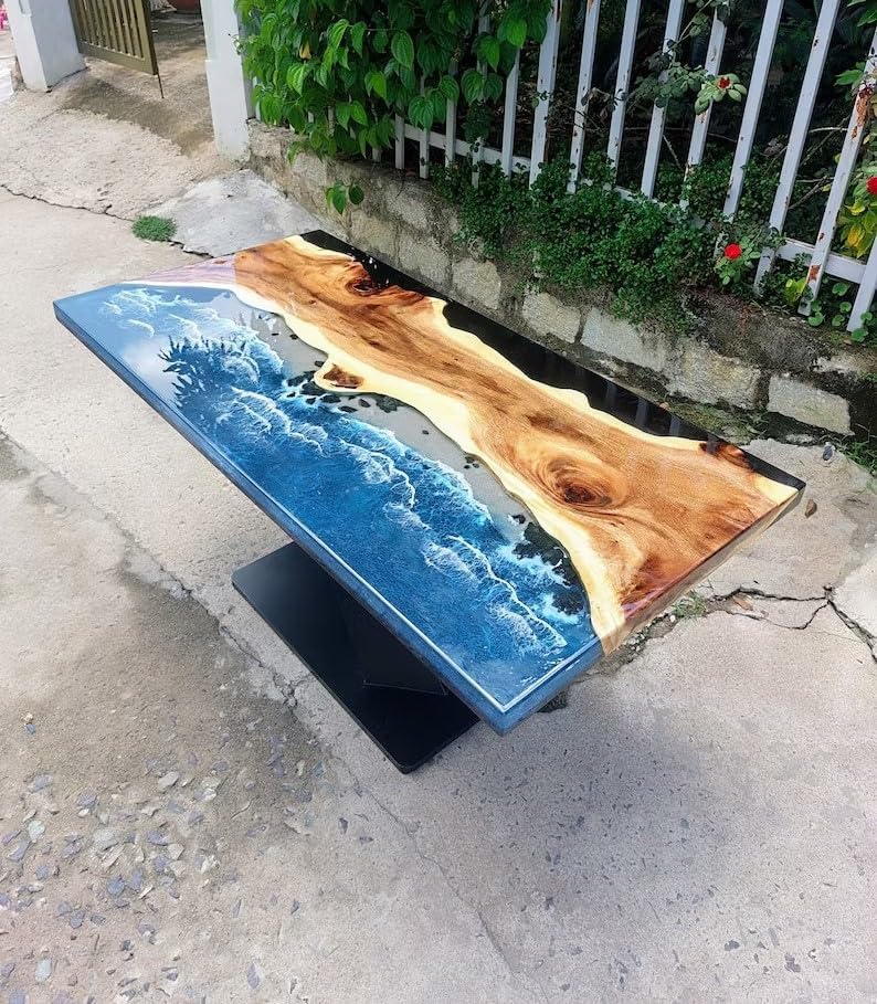 Unique Large Indoor Multi Epoxy Dining Table Resin Coffee Table Living Room Ocean Beach Flow Look Table for 2, 4, 6, 8 Epoxy Table Top Home Décor Patio Table