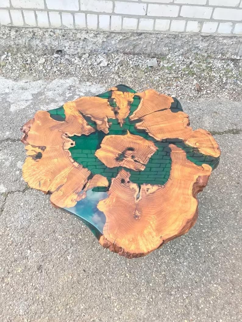 Classic Custom Wood Clear Olive Green Round Coffee Table Resin Table Epoxy Dining Table Living Room Table for 2, 4, 6, 8 Wooden Table Bar Counter Patio Table