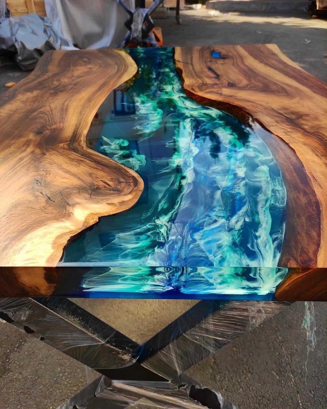 Custom 3D Waves Dark Walnut Emerald Green Blue Ocean Epoxy Table Live Edge River Table Dining Table Coffee Table Sea Table Wooden Table Coastal Table Home Decor