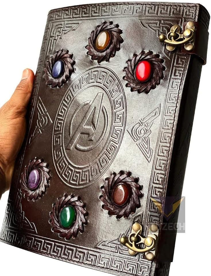 TUZECH Handmade Avengers Vintage Leather Journal With Stones Book Of Shadows/Art Sketchbook/Seven Chakra / & Travel lock Key Diary Large For Women & Men Gift 10 Inches