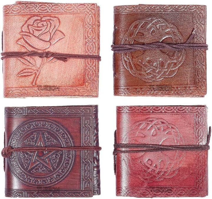 TUZECH Handmade Leather Bound Book of Shadows Mini Notebook Blank Unlined Small Pocket Tiny Journal For Office Artist Architect Personal Note Vintage Diary for Women and Men Rose Miniature