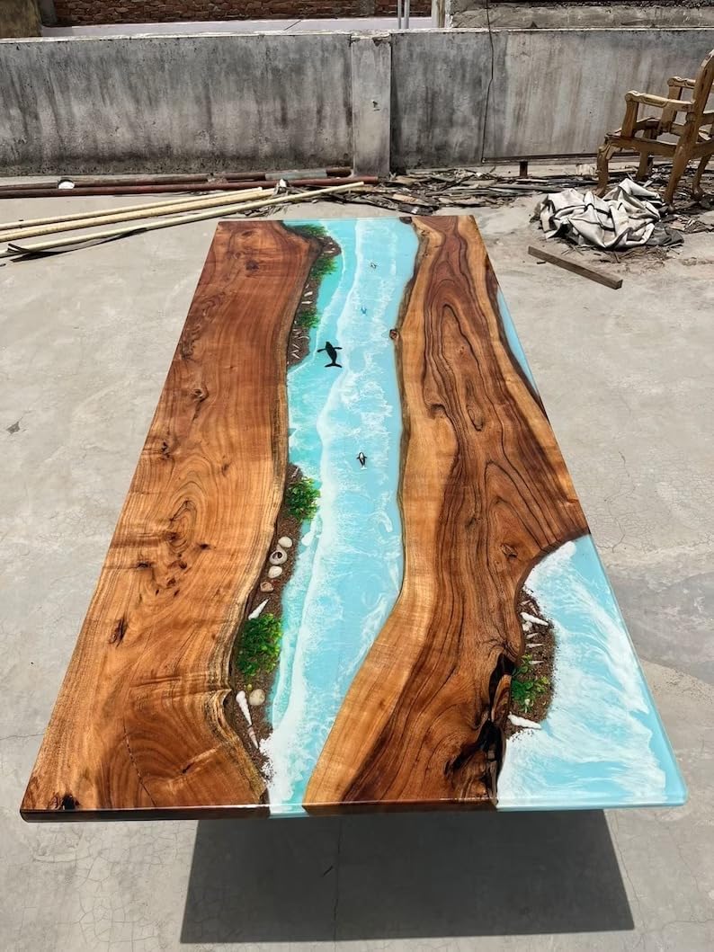 TUZECH Unique Ocean Waves with Shells and Fishes Sky Blue Epoxy Resin Dining Table Console Table Side/End Table Living Room Coastal Table Bar Counter Table Home Décor