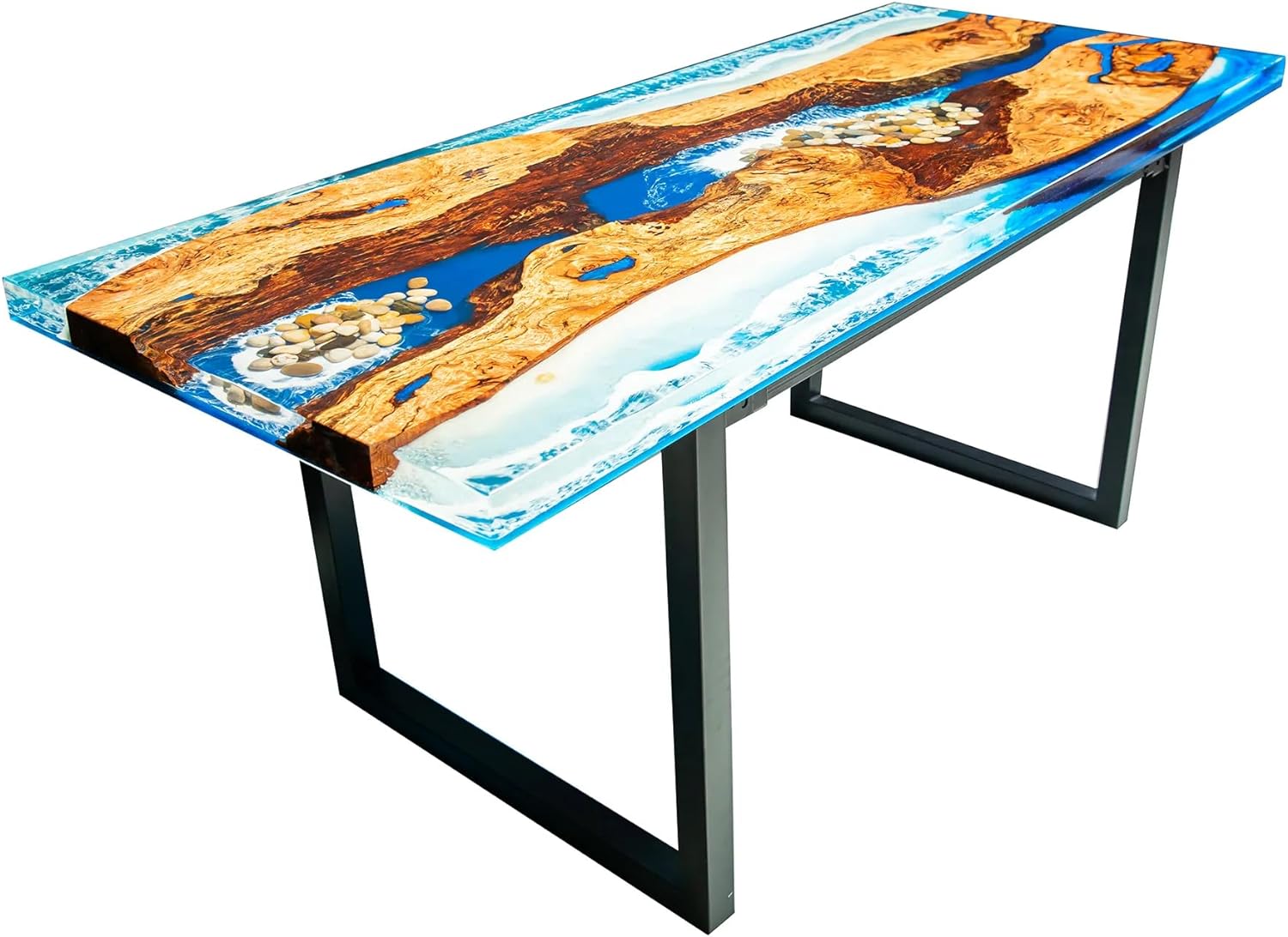 TUZECH Natural Wood Island Resin Epoxy River with Stone and Ocean Waves Look Table Coastal Table Top Dining Table Coffee Table Side/End Table Home Décor