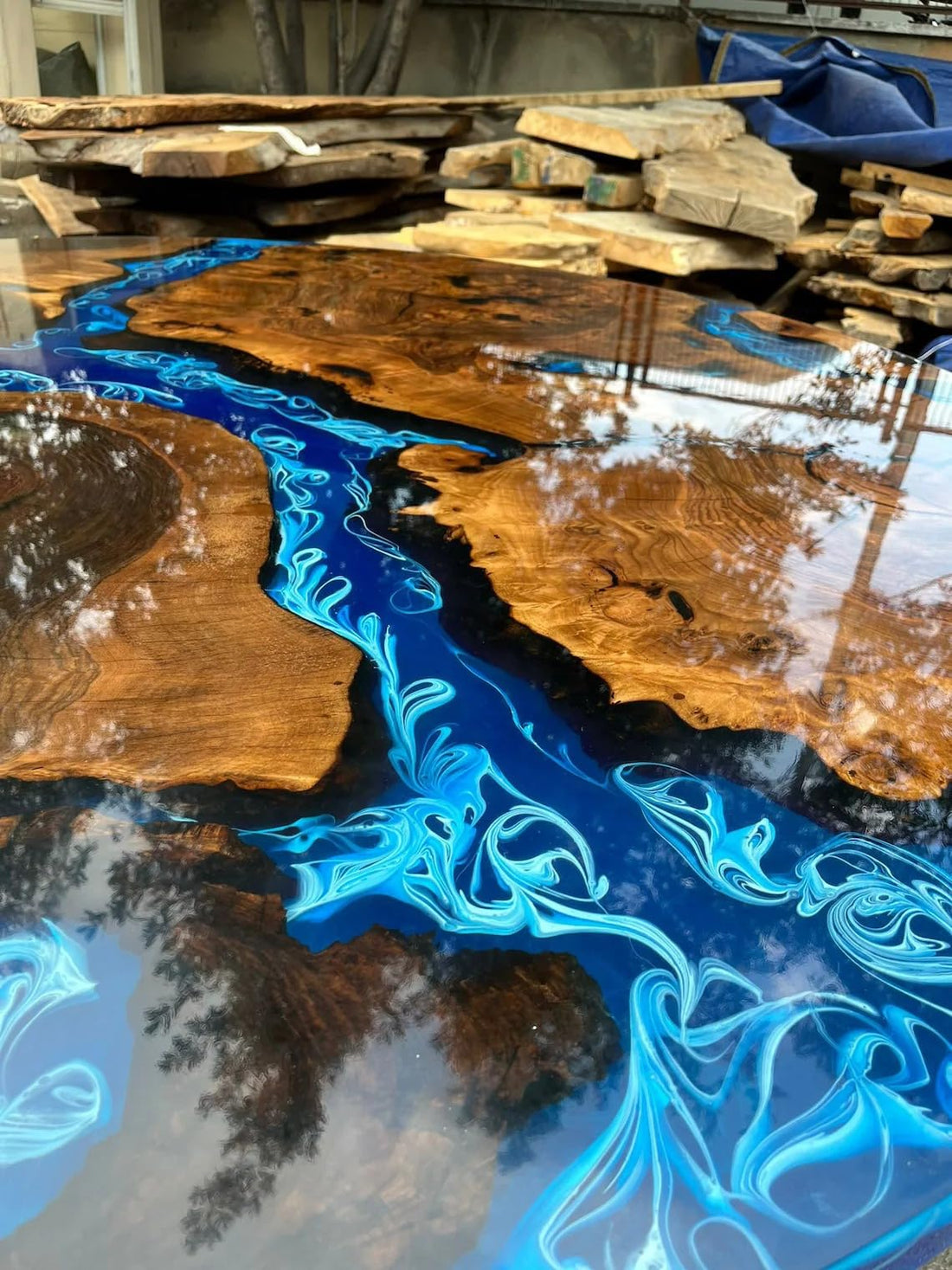 TUZECH Extendable Ocean Shiny Blue with Waves Round Table Round Table Walnut Wooden Table Epoxy Dining Table Living Room Table Patio Table End/Side Table Home Decor