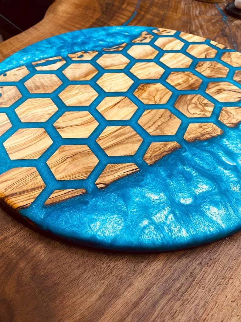 Unique Indoor Hexagon Blocks Round Table Resin Coffee Table River Living Room Table for 2, 4, 6, 8 Table Top Counter Top Side/End Table Home Décor Walnut Table