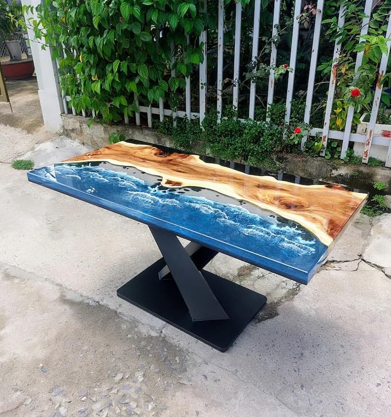 Unique Large Indoor Multi Epoxy Dining Table Resin Coffee Table Living Room Ocean Beach Flow Look Table for 2, 4, 6, 8 Epoxy Table Top Home Décor Patio Table