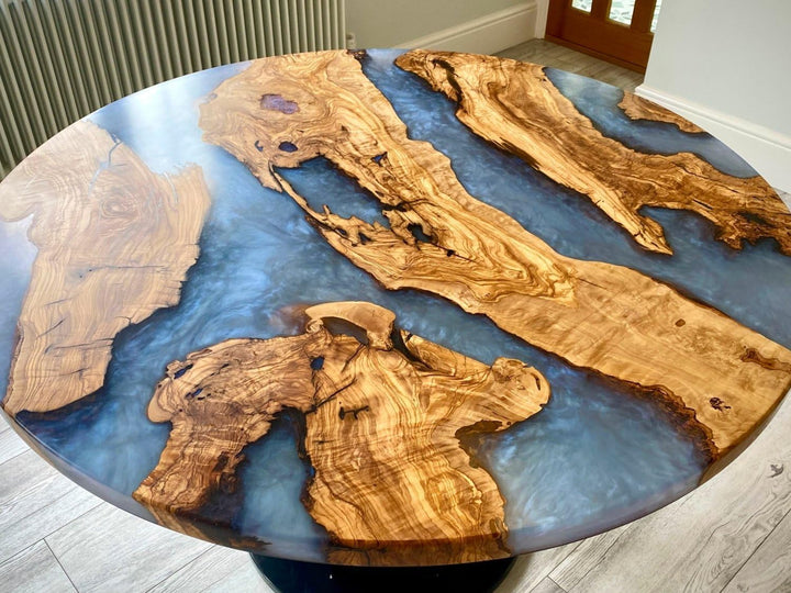 Unique Gray Resin Round Table Top, Multi Gray River Look, Coffee Table, Resin Table, Luxury Table, Walnut Table, Wooden Resin Table