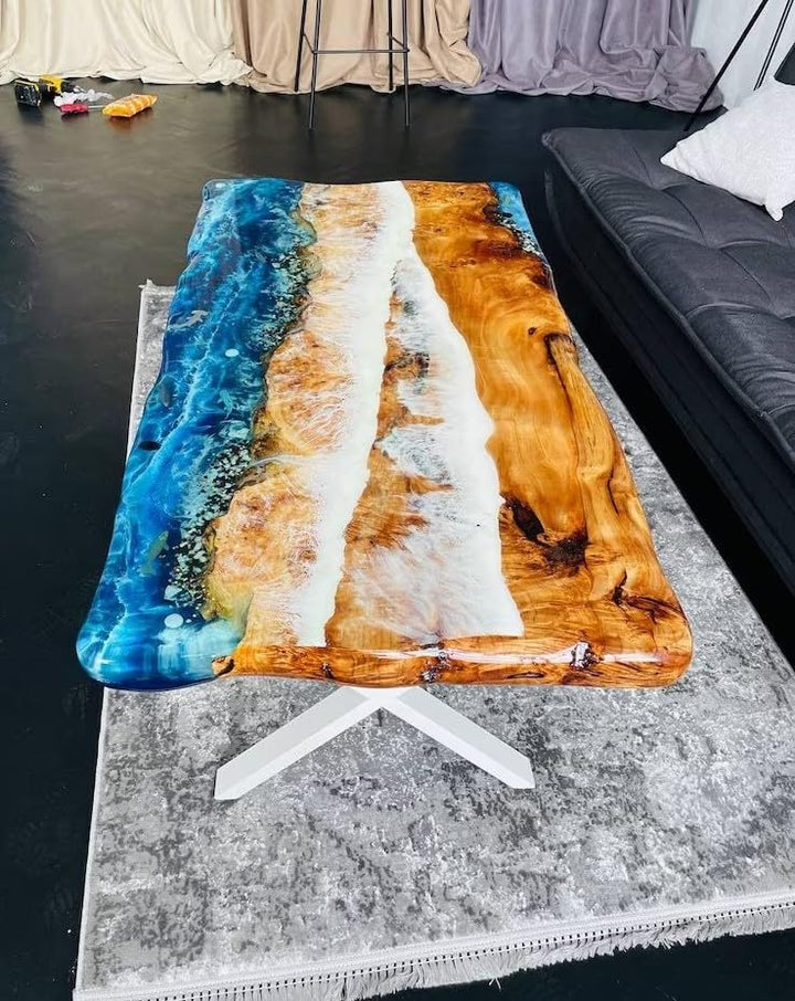 TUZECH Unique Epoxy Resin Coffee Table Glow Ocean Dining Table Living Room Table Stones and Sea Wave Look Table for 2, 4, 6, 8 Conference Table Patio Table Home Decor
