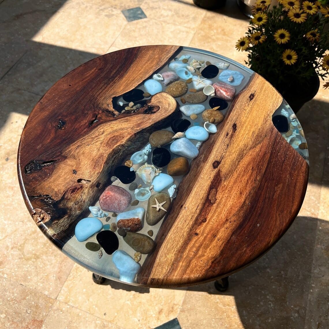 Personalized Round Clear Epoxy Resin with Blue Pebbles Ocean Look Coffee Table Patio Table Console Table Side Table Centre Table Living Room Table