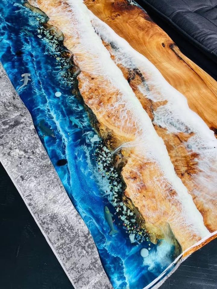 TUZECH Unique Epoxy Resin Coffee Table Glow Ocean Dining Table Living Room Table Stones and Sea Wave Look Table for 2, 4, 6, 8 Conference Table Patio Table Home Decor