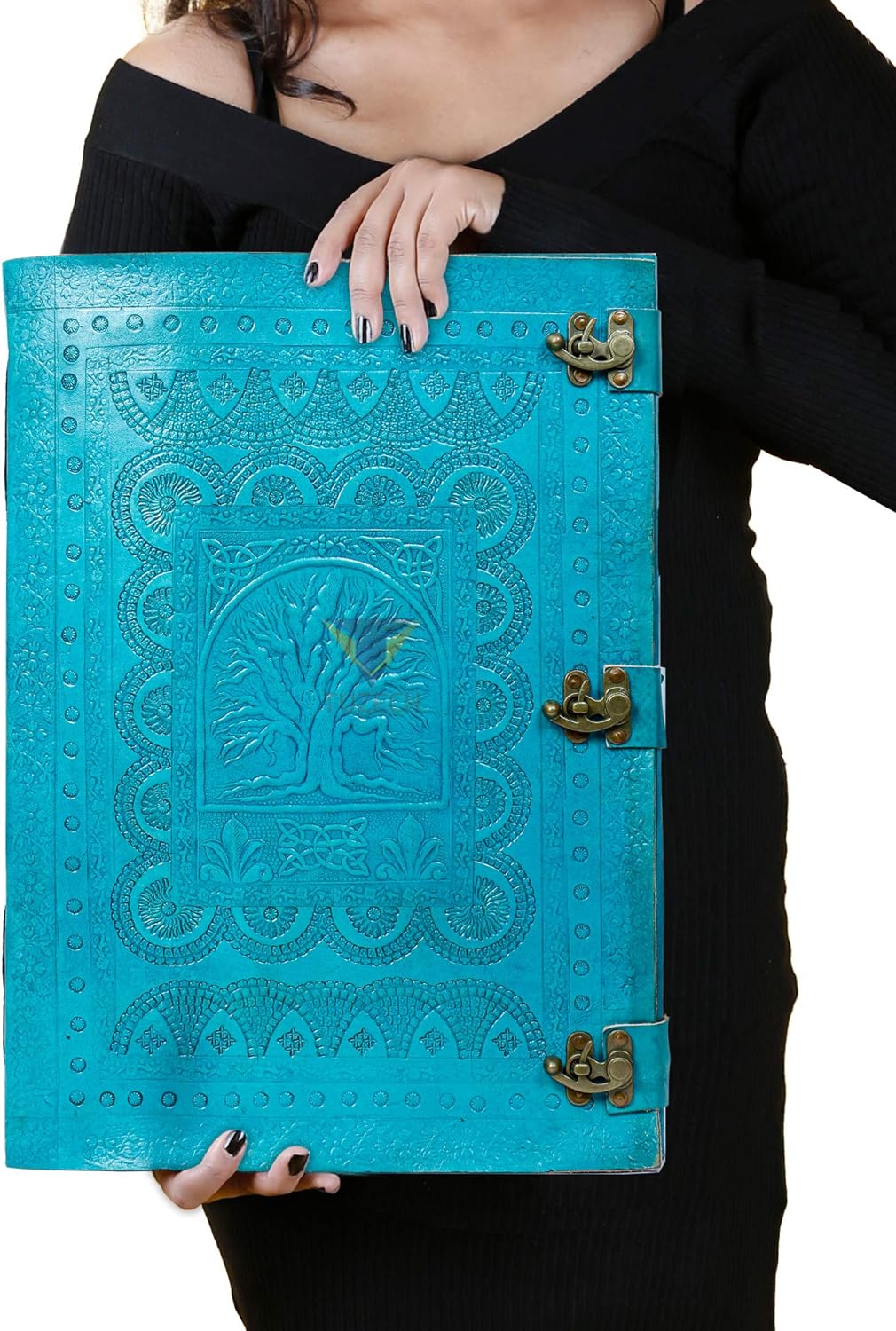 Tuzech Handmade Unique and Antique Notebook Diary for Men Women Nice Tree Embossed Design in Turquoise Color Brass Lock for Nice Closer Unlined Paper