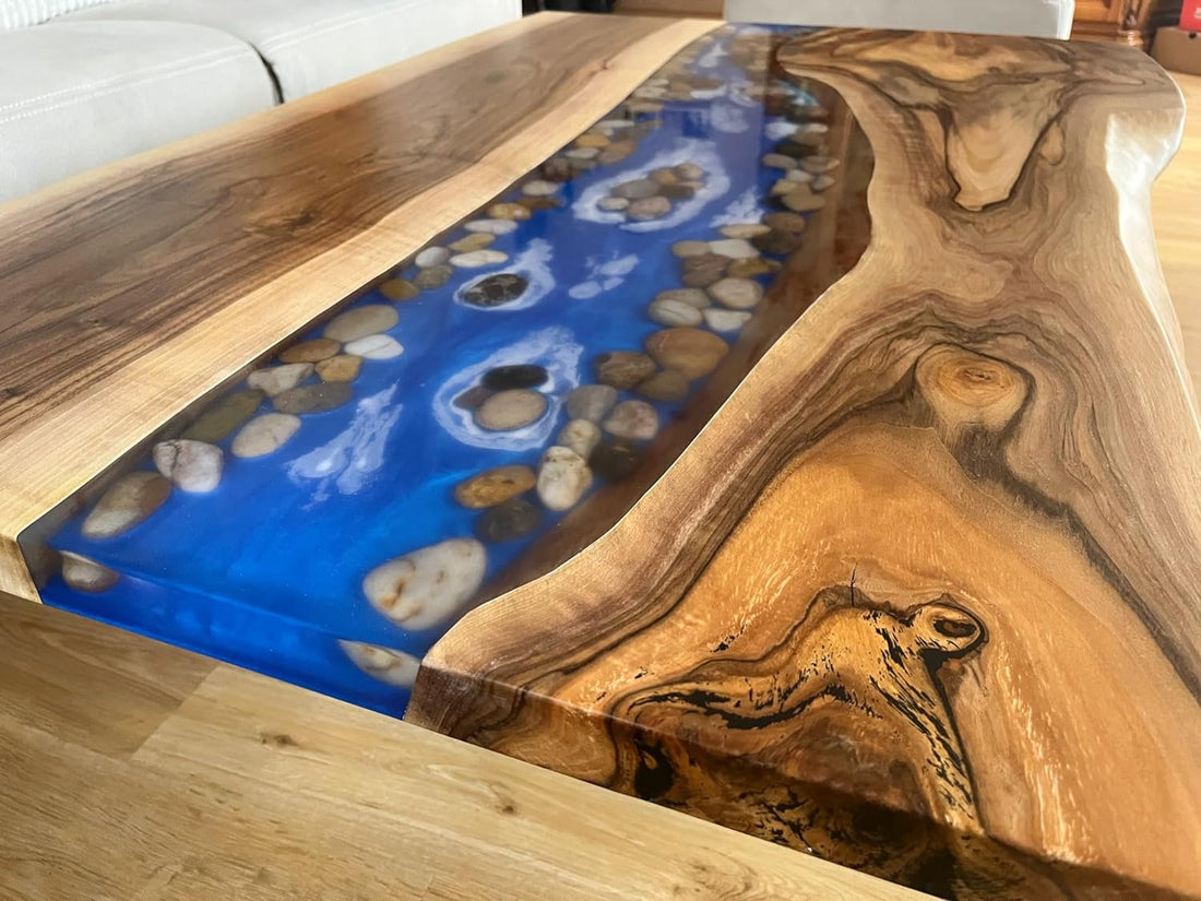 TUZECH Large Indoor Epoxy Dining Table Resin Coffee Table Living Room Table for 2, 4, 6, 8 River with Stones Epoxy Resin Epoxy Table Home Décor Patio Table Wall Art