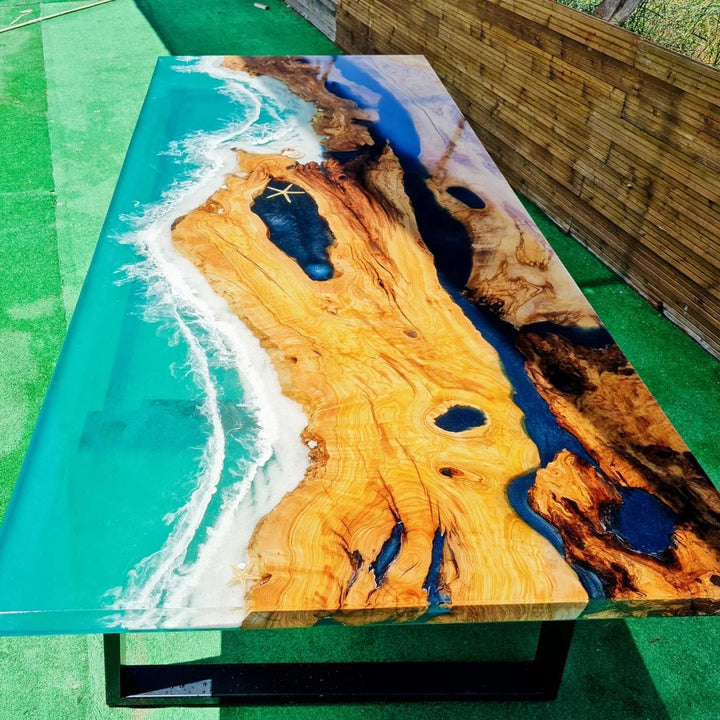 TUZECH Exquisite Ocean Green Wave Epoxy Resin with Shell and Star Dining Table Coffee Table Kitchen Table Console Table Centre Table Patio Table End/Side Table Home Decor