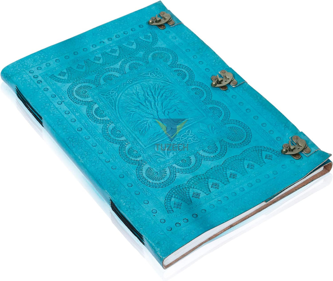 Tuzech Handmade Unique and Antique Notebook Diary for Men Women Nice Tree Embossed Design in Turquoise Color Brass Lock for Nice Closer Unlined Paper