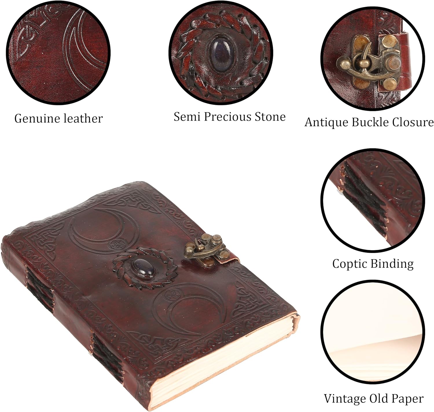 TUZECH Handmade Personalized Crescent Office Home Daily Use, Hocus Pocus Poem Writing Beautiful Pure Leather Stone Leather Bound Journal Moon with Brown Stone, C-Lock for Men and Women