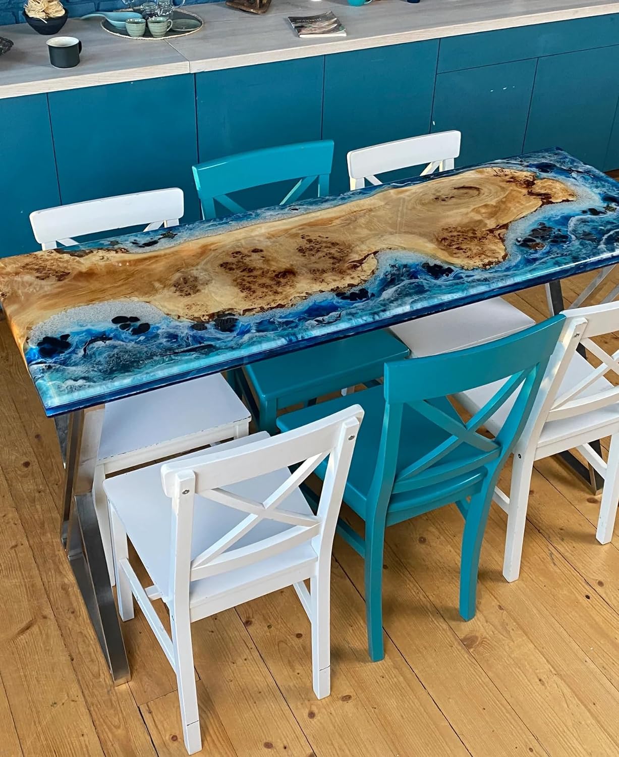 TUZECH Customized Dine Room Natural Edge Table, Ocean Dining Table,Ocean Epoxy Table, Epoxy Kitchen Table, Blue Epoxy Wooden Table, Resin DinningTable