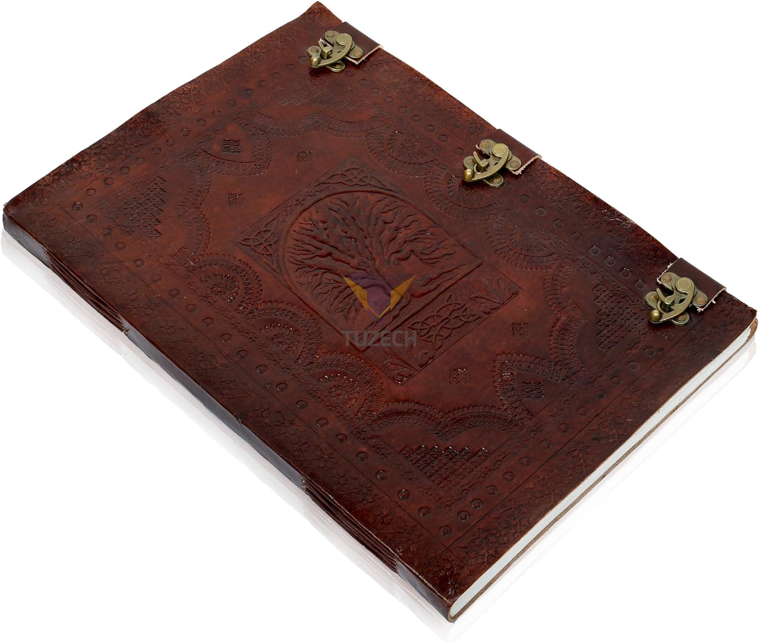 Tuzech Handmade Unique and Antique Notebook Diary for Men Women Nice Tree Embossed Design in Turquoise Color Brass Lock for Nice Closer Unlined Paper