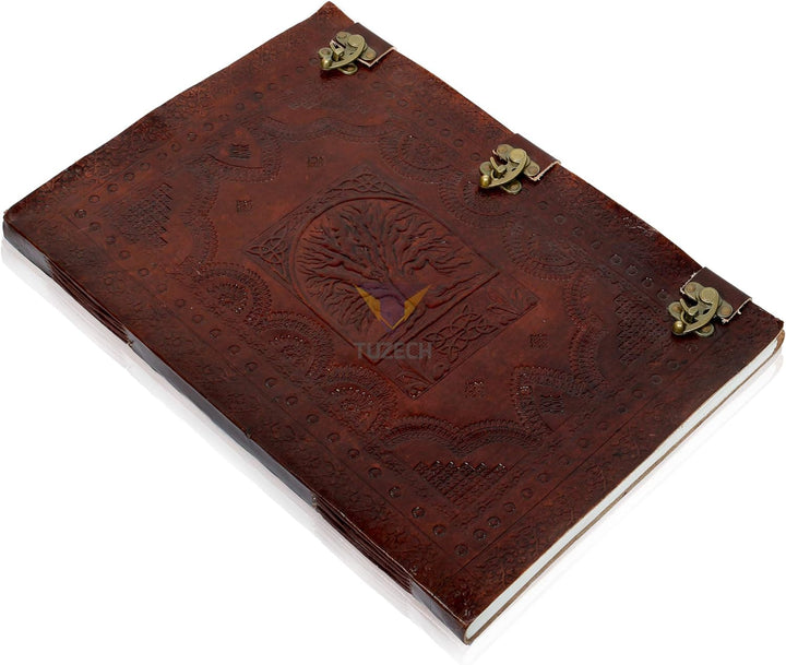 Tuzech Handmade Unique and Antique Notebook Diary for Men Women Nice Tree Embossed Design in Turquoise Color Brass Lock for Nice Closer Unlined Paper