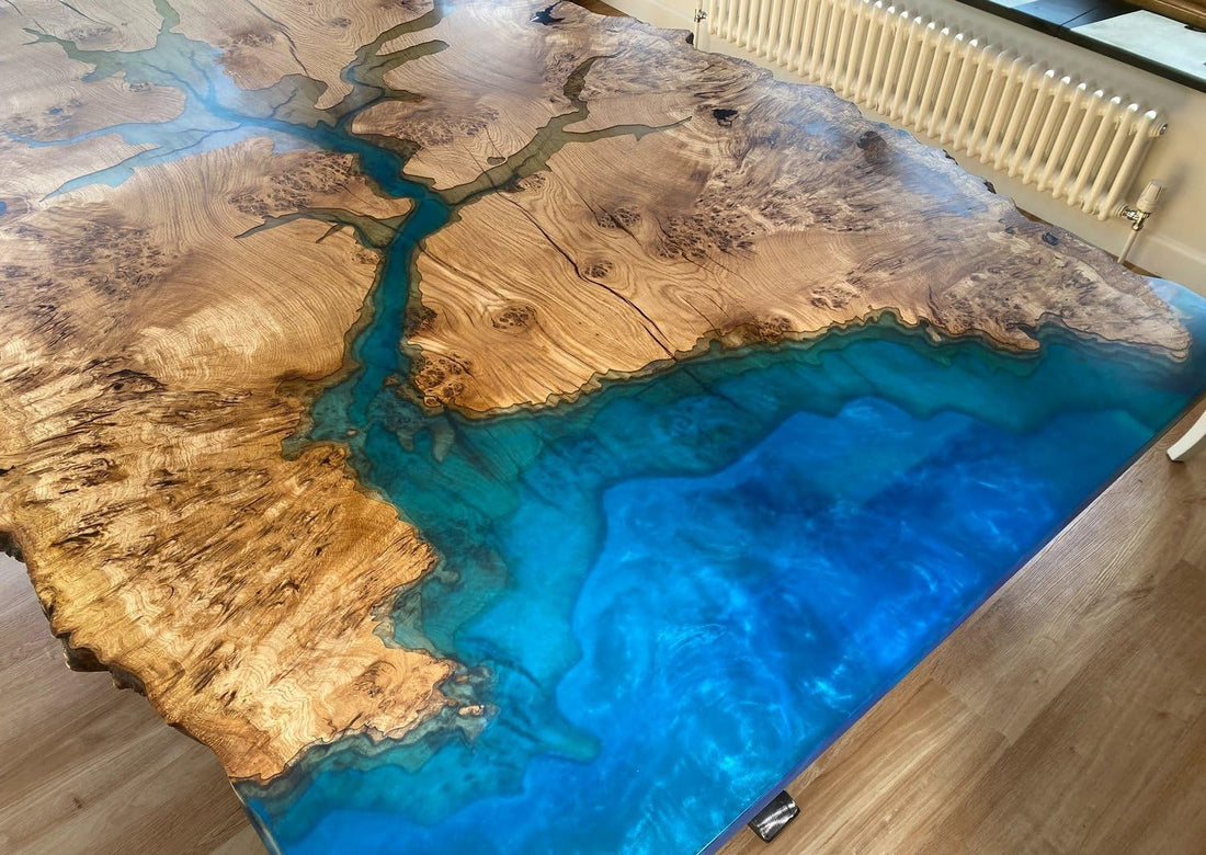 TUZECH Unique Wood Resin Epoxy Classic Blue Ocean Look with Wave Table Coastal Table Top Dining Table Coffee Table Side/End Table Home Décor