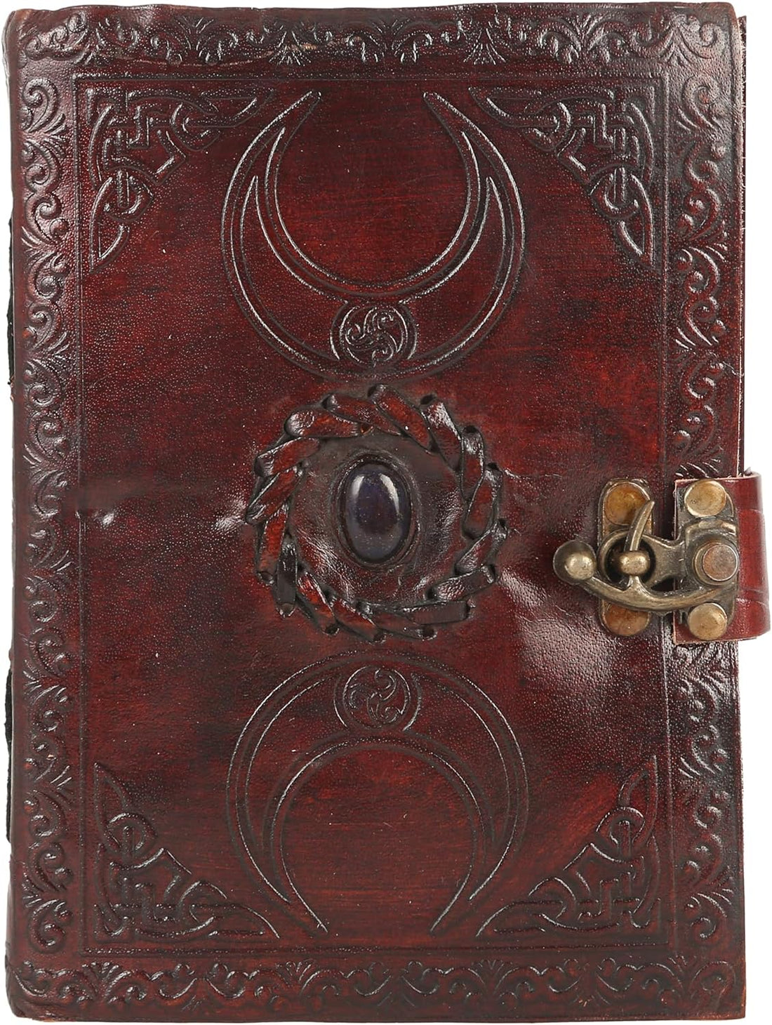 TUZECH Handmade Personalized Crescent Office Home Daily Use, Hocus Pocus Poem Writing Beautiful Pure Leather Stone Leather Bound Journal Moon with Brown Stone, C-Lock for Men and Women