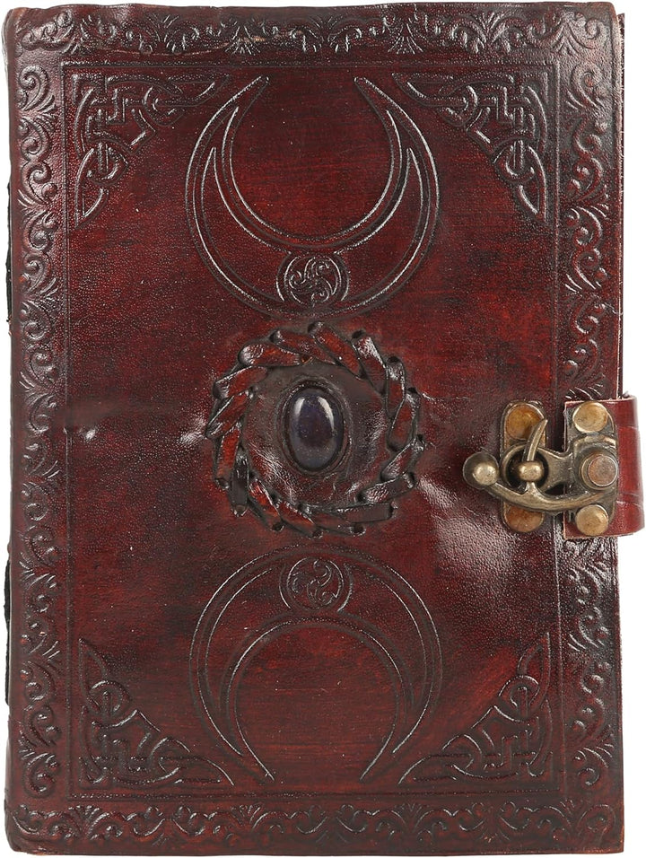 TUZECH Handmade Personalized Crescent Office Home Daily Use, Hocus Pocus Poem Writing Beautiful Pure Leather Stone Leather Bound Journal Moon with Brown Stone, C-Lock for Men and Women