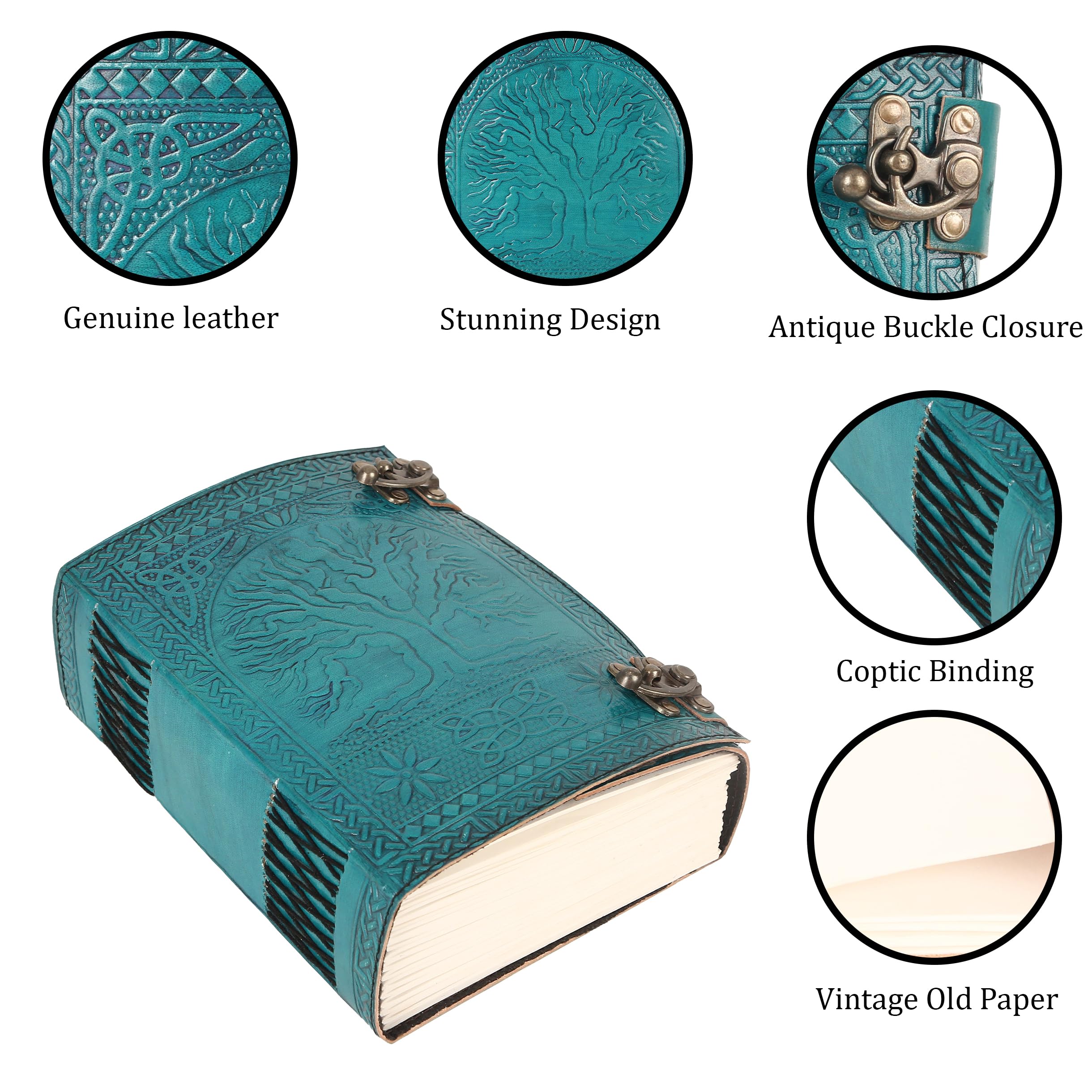 TUZECH 600 Pages Handmade Large Leather Journal Diary Embossed Tree of Life Book Of Shadows Hocus Pocus Notebook Writing Seven Chakra Grimoire Sketchbook 7 x 10 Leather Bound