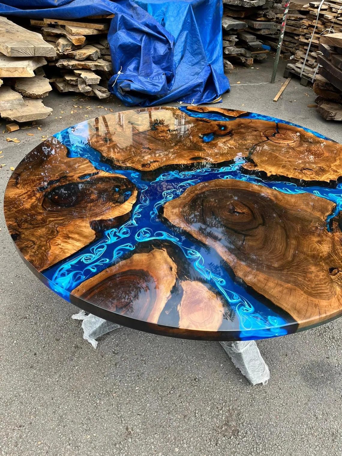 TUZECH Extendable Ocean Shiny Blue with Waves Round Table Round Table Walnut Wooden Table Epoxy Dining Table Living Room Table Patio Table End/Side Table Home Decor