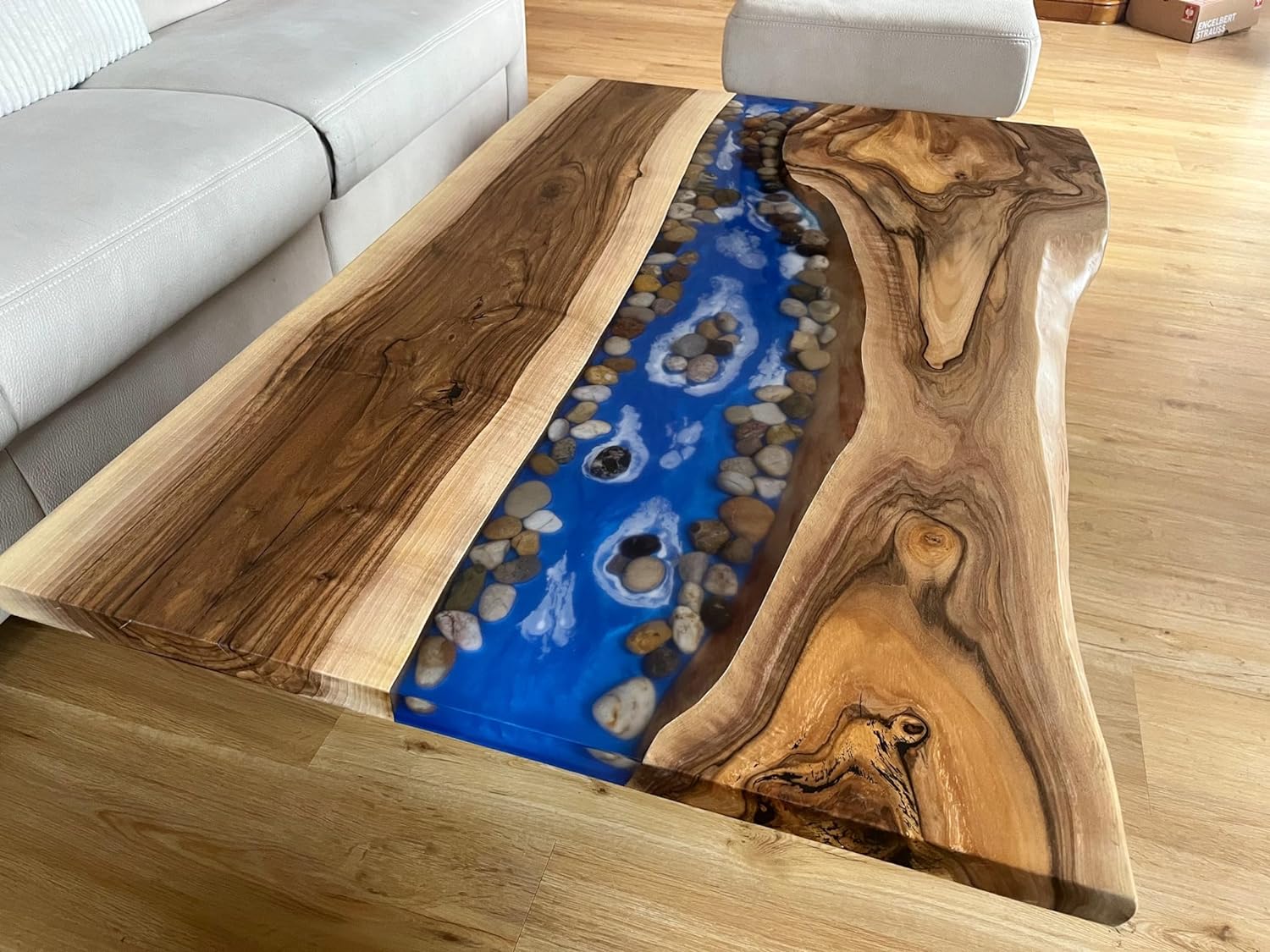 TUZECH Large Indoor Epoxy Dining Table Resin Coffee Table Living Room Table for 2, 4, 6, 8 River with Stones Epoxy Resin Epoxy Table Home Décor Patio Table Wall Art