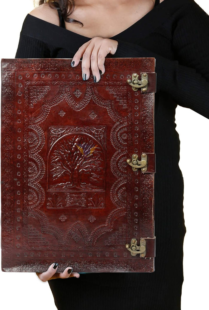 Tuzech Handmade Unique and Antique Notebook Diary for Men Women Nice Tree Embossed Design in Turquoise Color Brass Lock for Nice Closer Unlined Paper