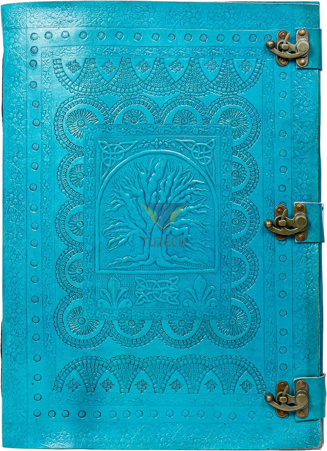 Tuzech Handmade Unique and Antique Notebook Diary for Men Women Nice Tree Embossed Design in Turquoise Color Brass Lock for Nice Closer Unlined Paper