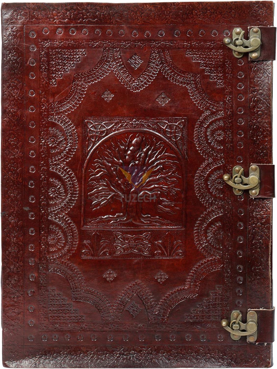 Tuzech Handmade Unique and Antique Notebook Diary for Men Women Nice Tree Embossed Design in Turquoise Color Brass Lock for Nice Closer Unlined Paper