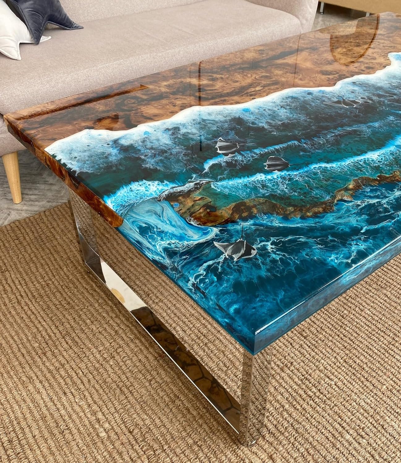Custom Made Beach Flow with Fish Look Resin Table Epoxy Dining Table Coffee Table End Table Bar Counter Top Living Room Table Wall Art Wooden Table