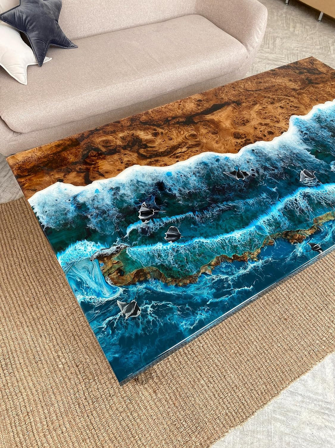 Custom Made Beach Flow with Fish Look Resin Table Epoxy Dining Table Coffee Table End Table Bar Counter Top Living Room Table Wall Art Wooden Table