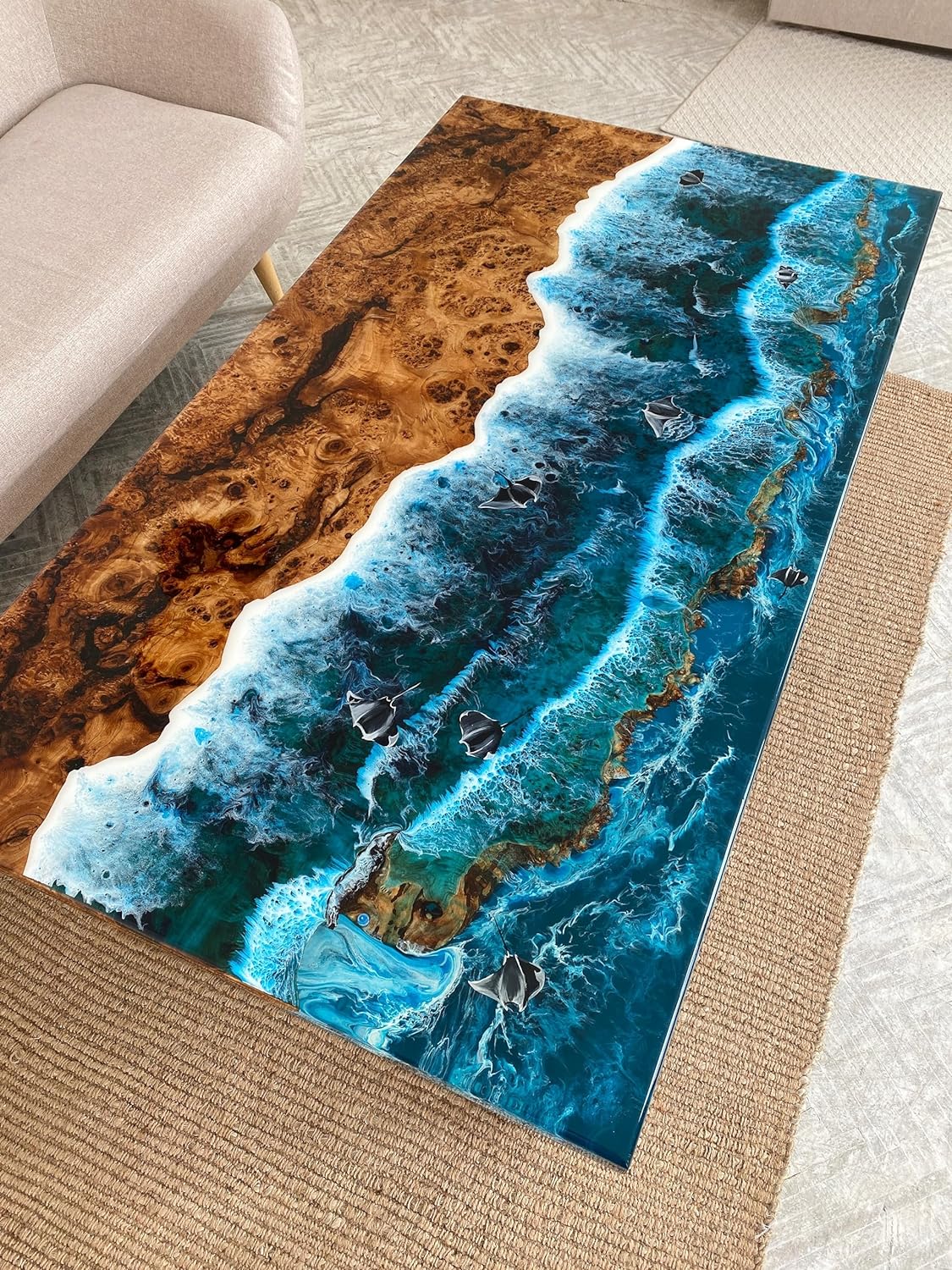 Custom Made Beach Flow with Fish Look Resin Table Epoxy Dining Table Coffee Table End Table Bar Counter Top Living Room Table Wall Art Wooden Table