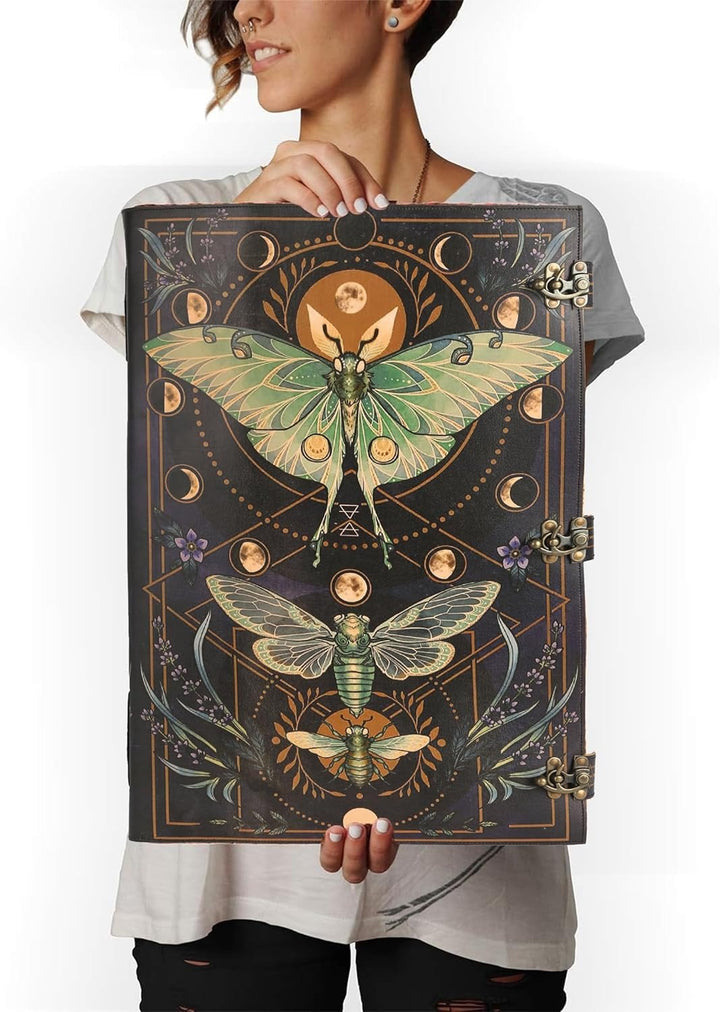 TUZECH Book of Spells Leather Bound Luna Moths Journal Deckle Edge Paper Grimoire Morpho Printed Diary Notebook Spiral Gothic Notebook Antique Vintage Book for Men and Women (The Butterfly)